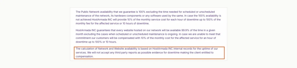 HostArmada service level agreement clauses on 100% red y 99.9% website availability, stating that only internal records count and third-party reports are refused.