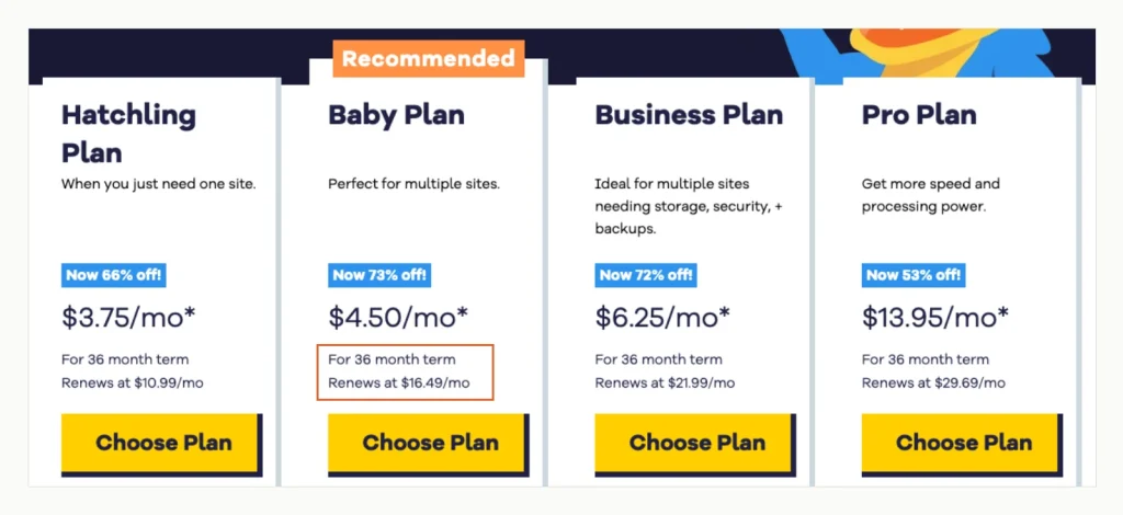 HostGator の 4 つの共有ホスティング プラン カードのスクリーンショット, それぞれの料金は 36 か月の期間で設定されています, ベビープランのUSDでの更新に伴い 16.49 概要を説明した月.