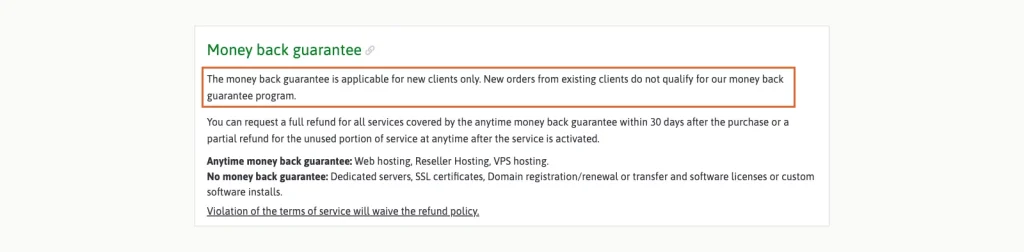 ScalaHosting terms of service clause limiting the money-back guarantee to new clients, with a full refund within 30 days and partial refunds afterwards.