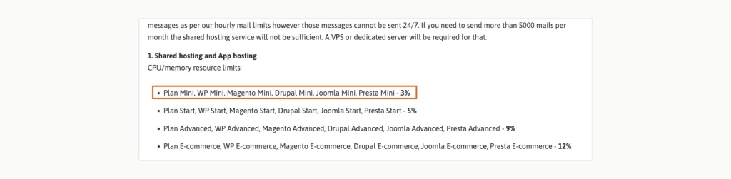 ScalaHosting terms of service listing CPU and memory limits of 3% for Mini, 5% for Start, 9% for Advanced and 12% for E-commerce plans.