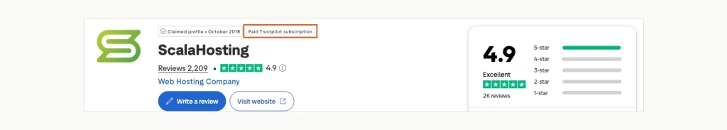 ScalaHosting's Trustpilot profile header showing a 4.9 score from 2,209 reviews, a paid subscription label and a star distribution almost entirely at 5 stars.