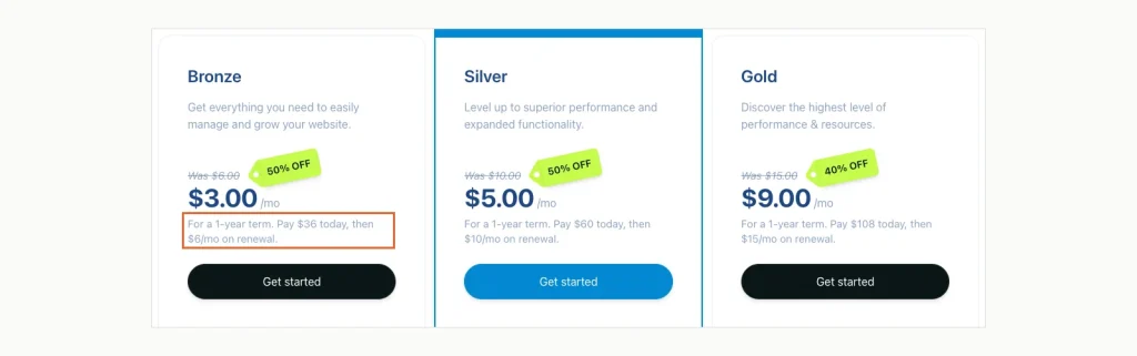 Screenshot of Verpex's Bronze, Silver and Gold plan cards showing USD 3, 5 and 9 a month for a 1-year term and renewal at USD 6, 10 e 15.