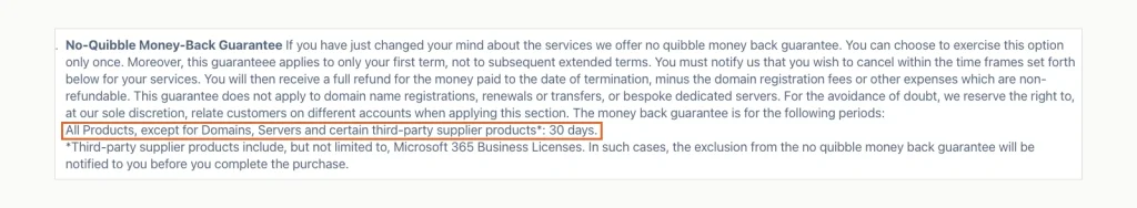 Screenshot of Verpex's terms: the money-back guarantee lists 30 days for all products except domains, servers and some third-party products.