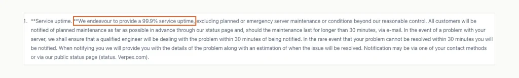 Screenshot of Verpex's terms clause saying it will endeavour to provide 99.9% tempo de atividade do serviço, with no credit or remedy mentioned.