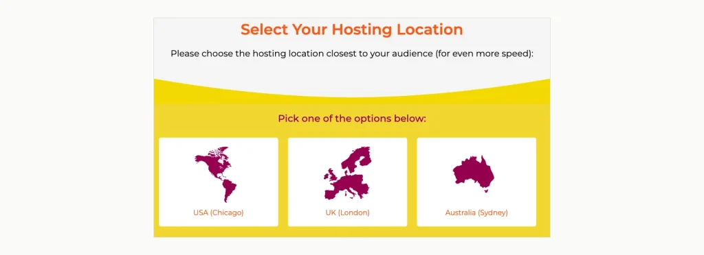 WPX order form step asking the buyer to pick one of three hosting locations: アメリカ合衆国 (シカゴ), イギリス (ロンドン) またはオーストラリア (シドニー).