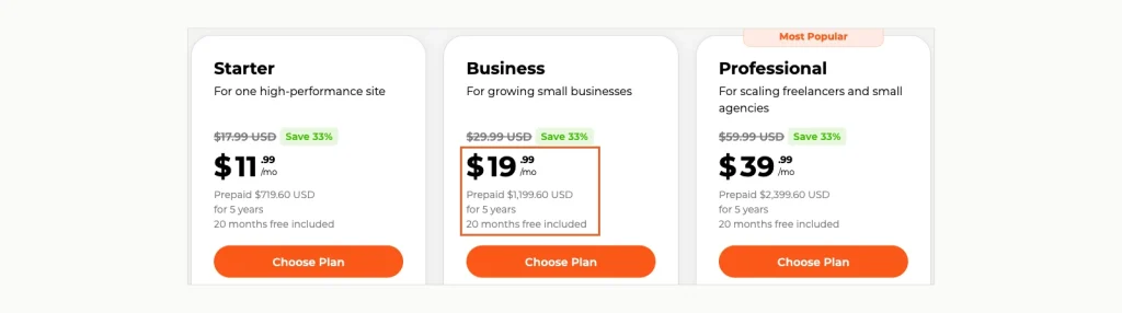 WPX plan cards showing Starter at 11.99, でのビジネス 19.99 and Professional at 39.99 月額ドル, each prepaid for 5 年, with the monthly price struck through.