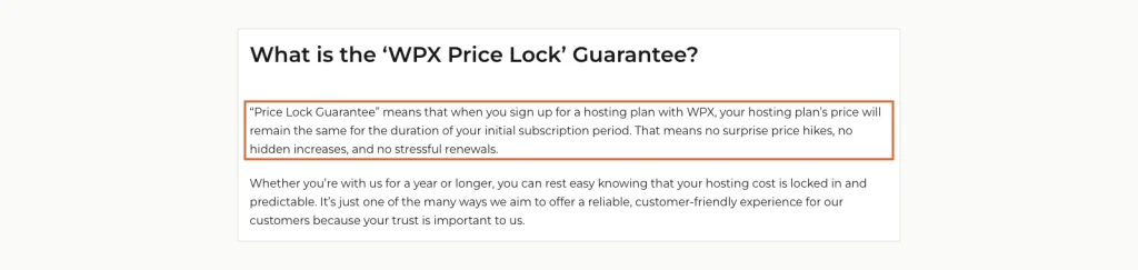 WPX knowledge base text defining the Price Lock Guarantee as keeping the plan's price the same for the duration of the initial subscription period.