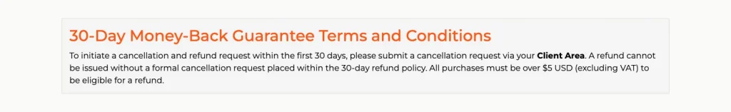 WPX refund policy text stating that all purchases must be over 5 米ドル, 付加価値税を除く, to be eligible for a refund.