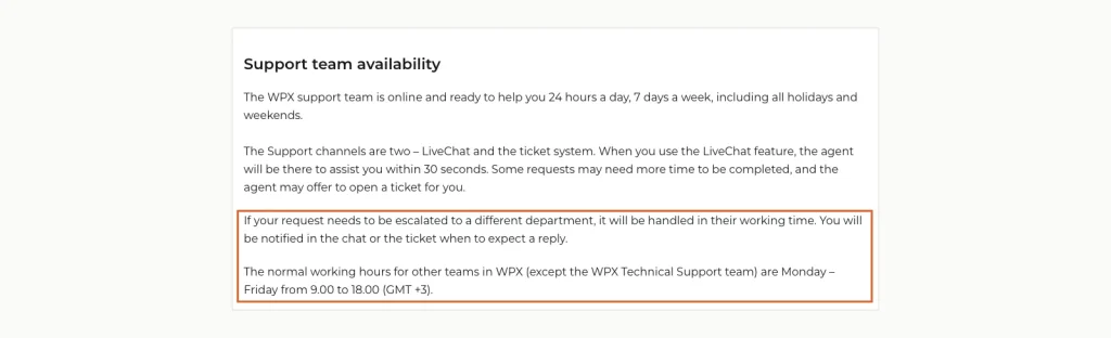 WPX knowledge base text: サポートは 24/7 ライブチャットとチケット経由, and escalated requests are handled by other teams Monday to Friday, 9.00 に 18.00 GMT+3.