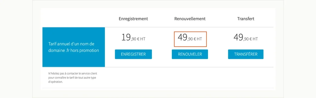 Screenshot of Amen.fr .fr domain prices without promotion: registration EUR 19.90, renewal EUR 49.90 and transfer EUR 49.90 a year, excluding VAT.