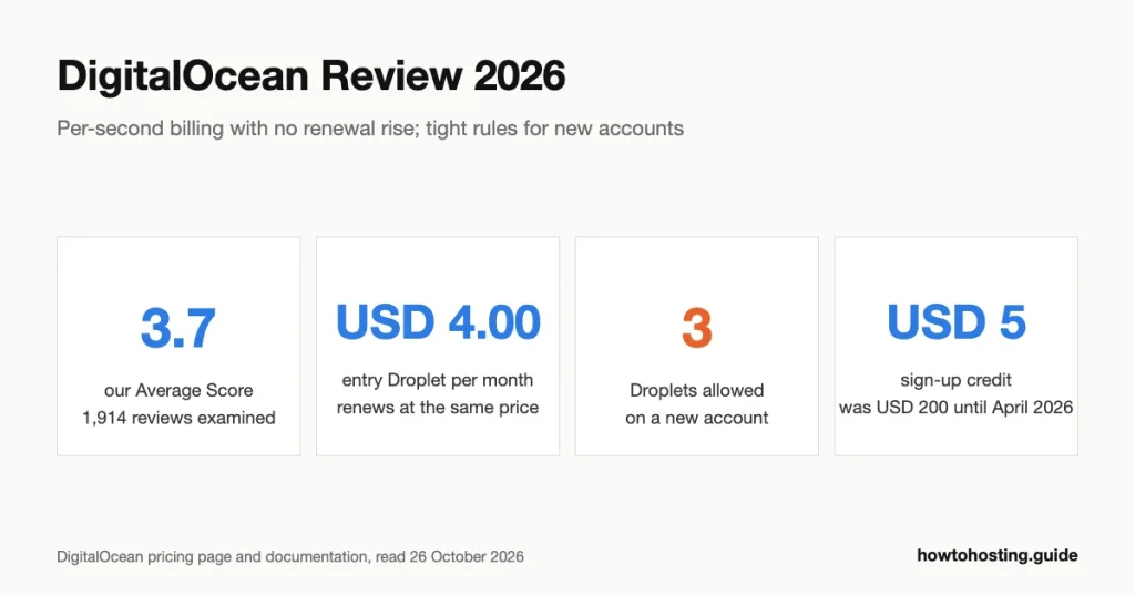 DigitalOcean review 2026 key numbers: Average Score 3.7 from 1,914 reviews, Droplets from USD 4.00 a month billed per second, a 99.99% uptime promise per Droplet, and 16 data centers