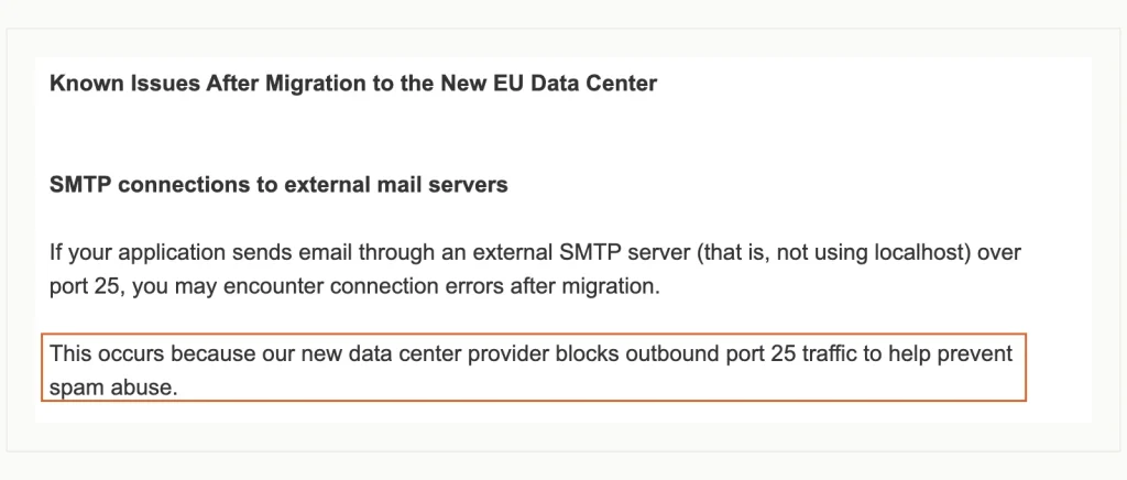 Screenshot of a DiscountASP.NET knowledge base article about known issues after migrating to its new EU data center, saying the new provider blocks outbound port 25.