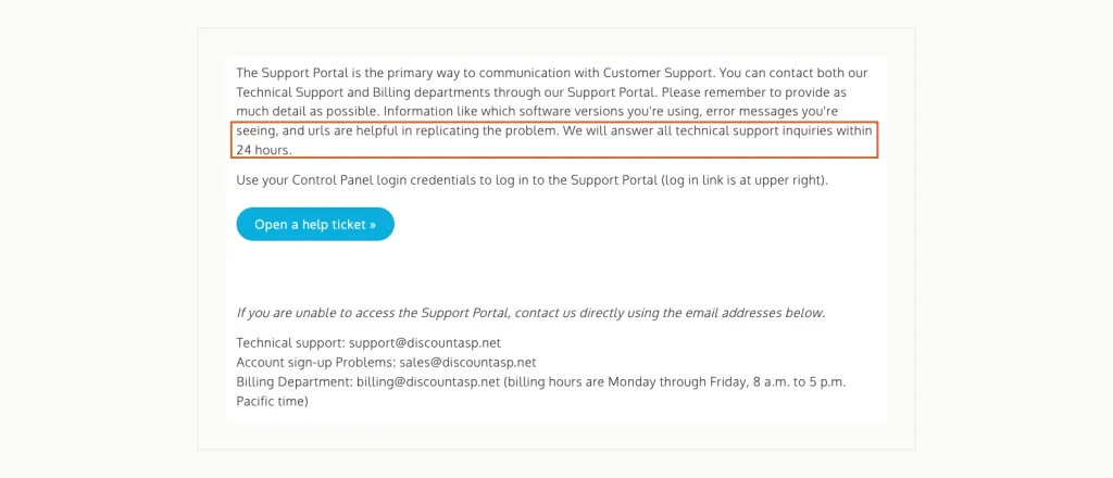 Screenshot of DiscountASP.NET's support page stating it answers technical tickets within 24 hours, with billing staff available Monday to Friday, 8 a.m. to 5 p.m. Pacific.