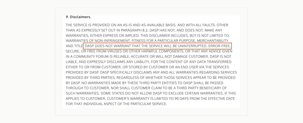 Screenshot of section 9 of DiscountASP.NET's hosting terms, stating the service is provided as-is and is not warranted to be uninterrupted.