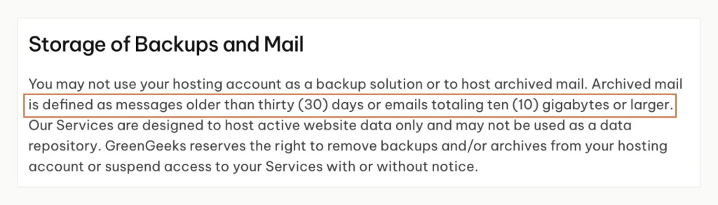Screenshot of GreenGeeks' acceptable use policy defining archived mail as messages older than 30 days or emails totalling 10 GB.