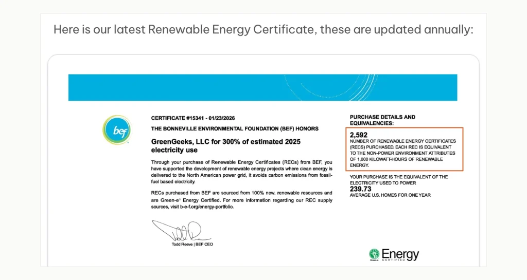 Screenshot of GreenGeeks' BEF certificate 15341, datado 23 janeiro 2026, mostrando 2,592 RECs bought for 300% of estimated 2025 electricity use.