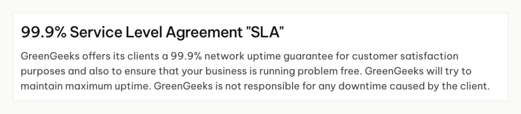 Screenshot of GreenGeeks' terms of service SLA clause promising 99.9% network uptime with no credit or remedy.