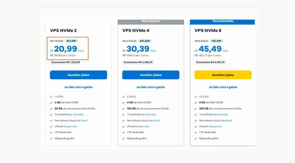Screenshot of HostGator Brasil's VPS NVMe plans and prices in Brazilian reais.