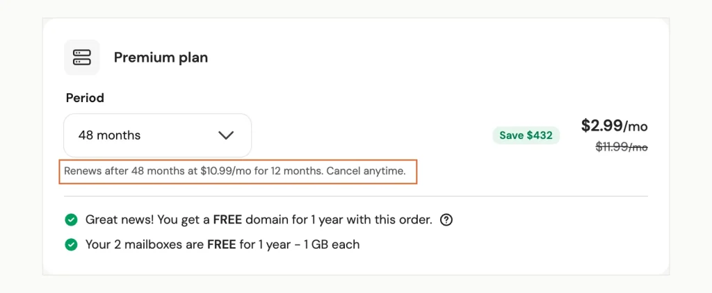 Screenshot of Hostinger's cart for the Premium plan on a 48-month period at USD 2.99 un mes, with the line stating it renews after 48 meses en USD 10.99 un mes para 12 meses.