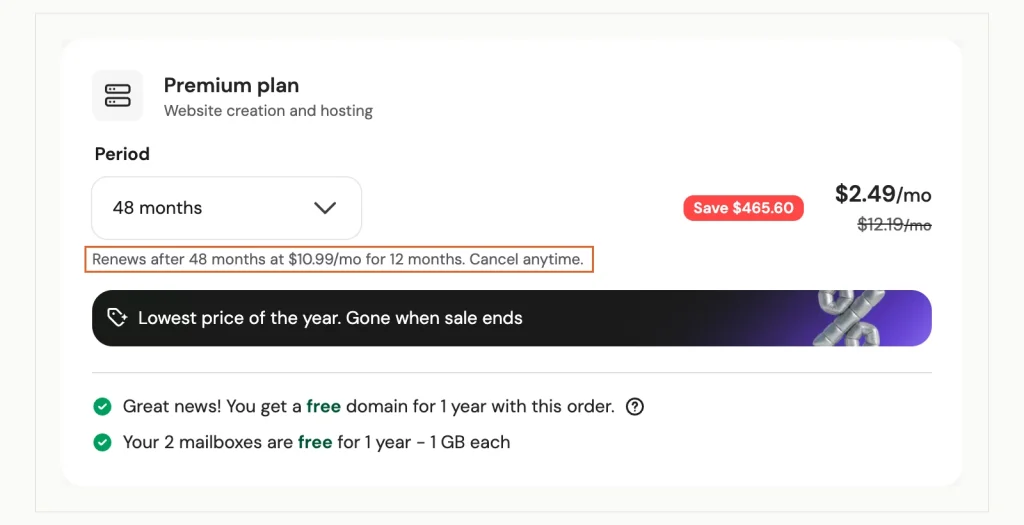 Screenshot of Hostinger's cart: プレミアム, 48-月 期間, Black Friday price, with an outlined line showing renewal at USD 10.99/mo for 12 月.