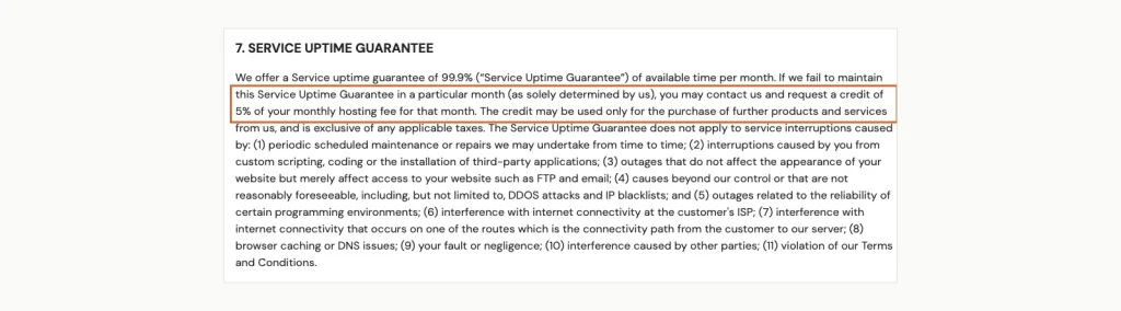 Screenshot of section 7 of Hostinger's hosting agreement: una 99.9% monthly uptime guarantee, with a credit of 5% of the monthly fee if Hostinger decides it missed the target.