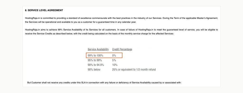 Screenshot of HostingRaja terms section 8: aims to achieve 99% availability, credit table 0% from 99% to 100%, 5%, 10% and 25% below that.