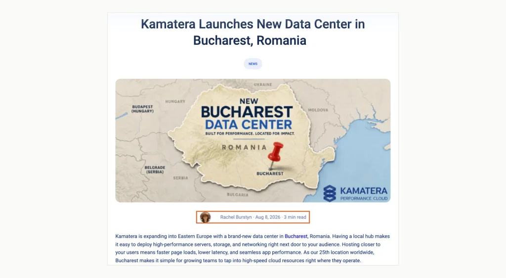 Kamatera blog post titled Kamatera Launches New Data Center in Bucharest, ルーマニア, dated Aug 8, 2026, calling Bucharest its 25th location worldwide.