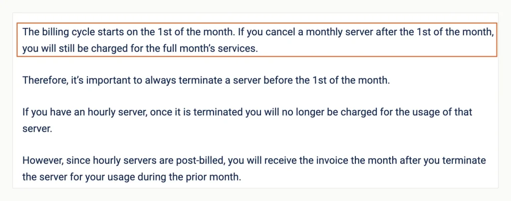 Kamatera FAQ answer stating the billing cycle starts on the 1st and a monthly server cancelled after the 1st is charged for the full month.