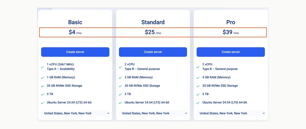 Kamatera plan cards: Basic at USD 4 a month with Type A, 米ドルでの標準 25 米ドルでのプロ 39 with Type B, each with 20 GB NVMe と 5 TB.