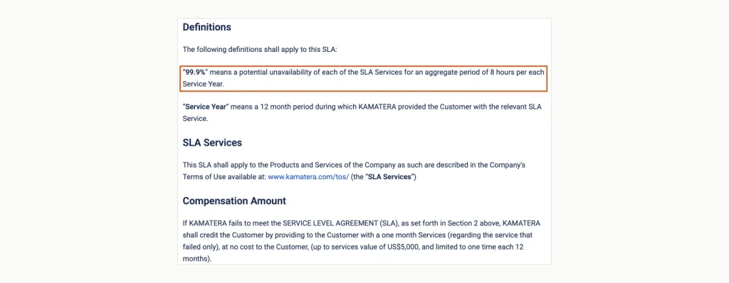 Kamatera SLA text defining 99.9% as potential unavailability of 8 hours per Service Year, followed by a one-month credit capped at USD 5,000 once every 12 月.