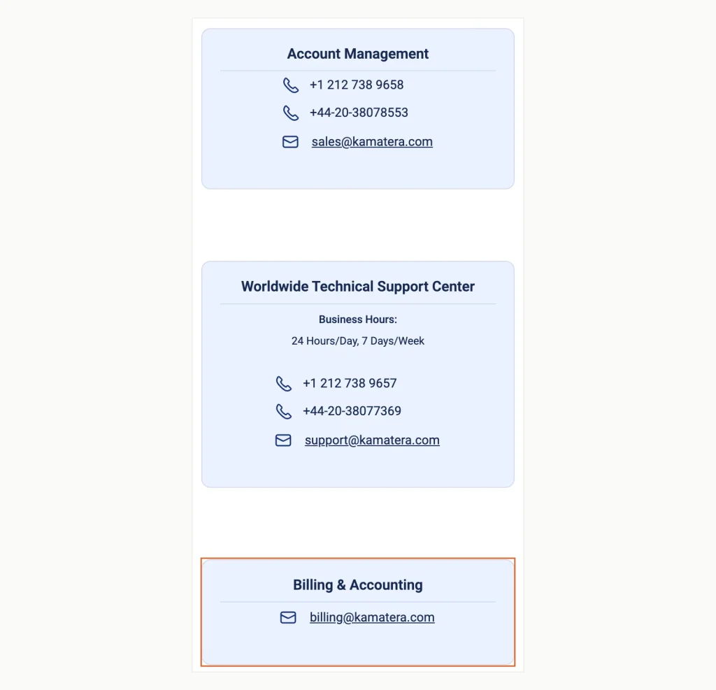 Kamatera support page boxes: Account Management with phones and email, Worldwide Technical Support Center open 24 hours a day with phones and email, Billing and Accounting with email only.