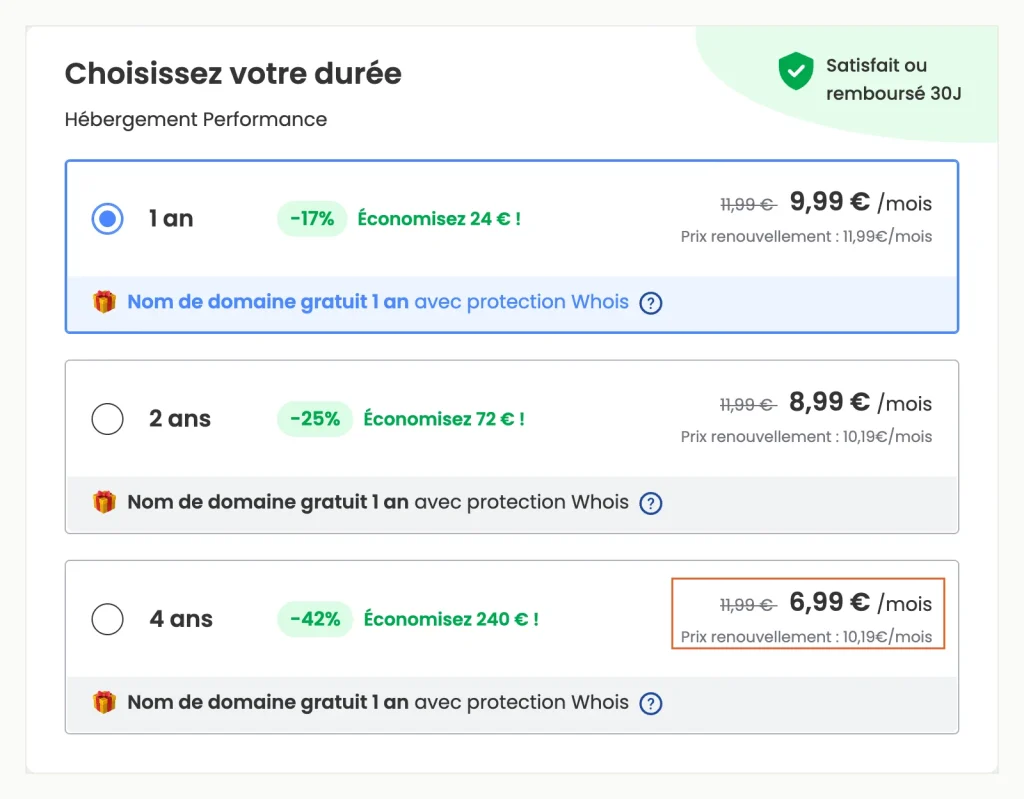 Screenshot of the LWS cart for the Performance plan: EUR 9.99 a month on one year, 8.99 on two years and 6.99 only on a four-year term, each renewing at 11.99 or 10.19.