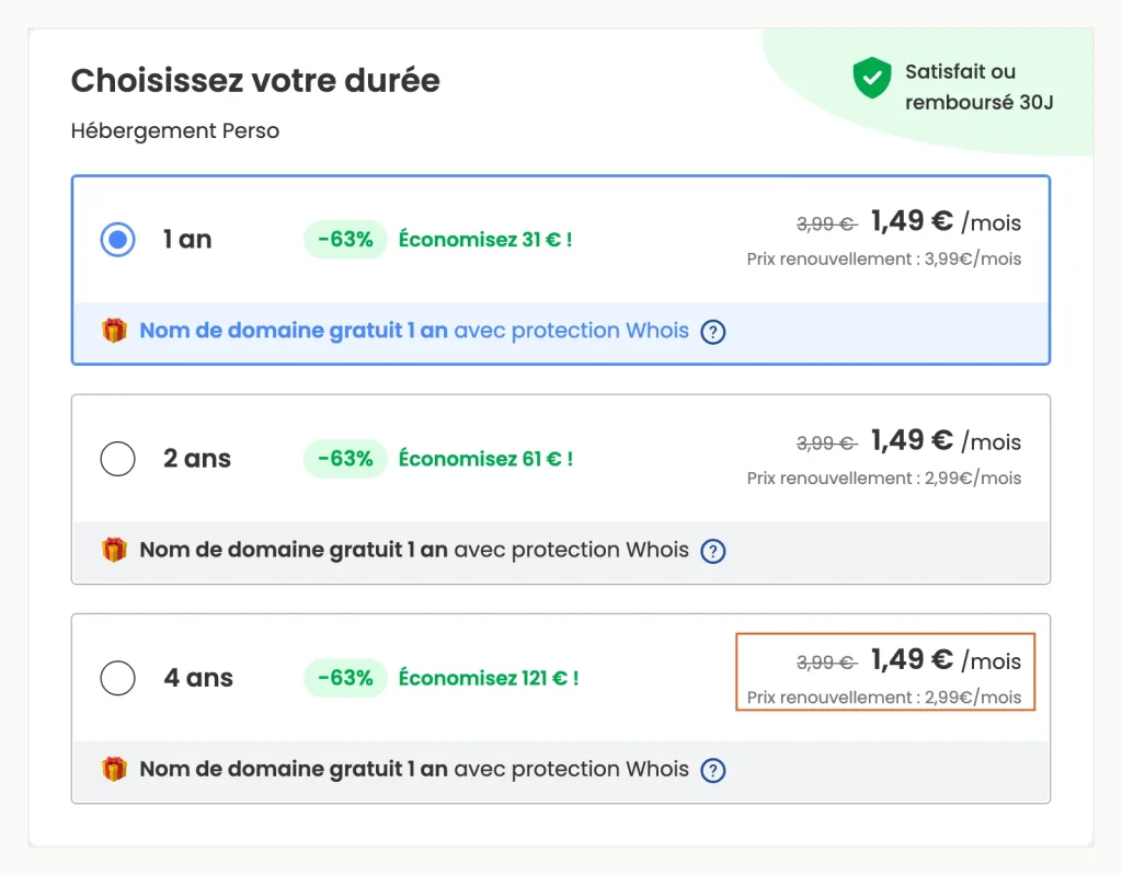 Screenshot of the LWS cart for the Perso plan showing EUR 1.49 a month on 1, 2 and 4-year terms, with a renewal price of 3.99 on one year and 2.99 on two or four years.