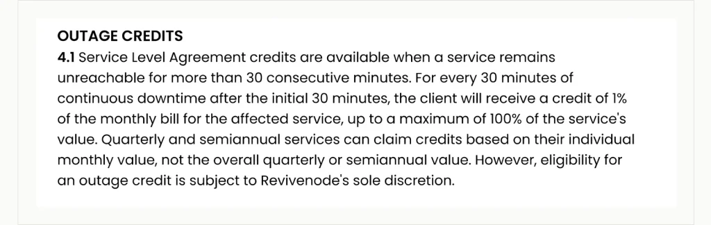 Screenshot of Revivenode SLA clause 4.1: credits apply only after 30 consecutive minutes of downtime, at 1% of the monthly bill per further 30 minutes, at Revivenode sole discretion.