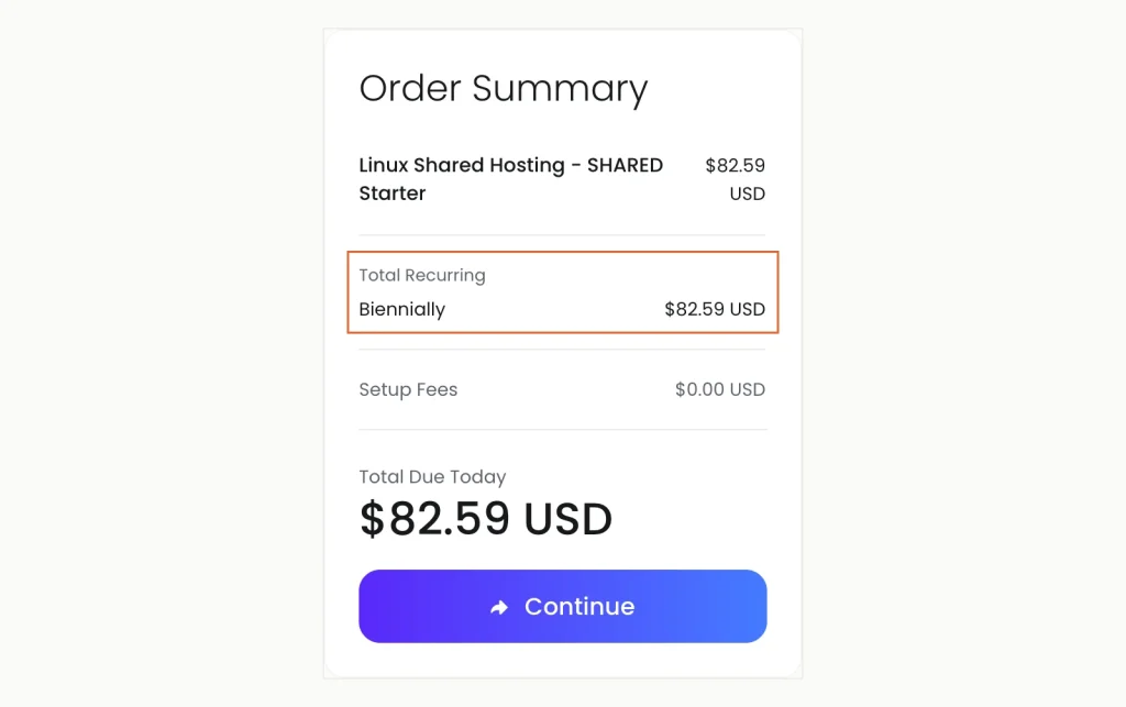 UltaHost order summary for SHARED Starter on a two-year term, showing USD 82.59 due today, Dólar estadounidense 82.59 total recurring and USD 0.00 tarifas de instalación.