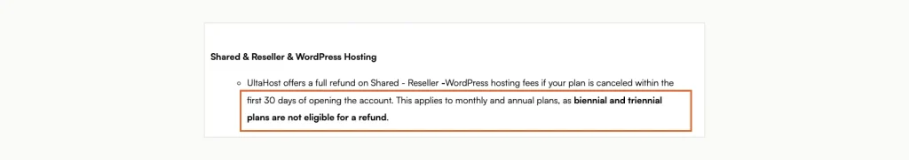 UltaHost refund policy clause for shared, reseller and WordPress hosting stating that biennial and triennial plans are not eligible for a refund.