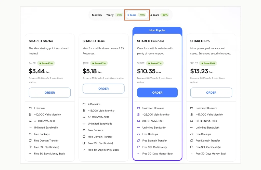 UltaHost shared hosting plan cards with the 2 Years tab selected, showing Starter at USD 3.44 a month and a Free 30-Days Money-Back line on each card.