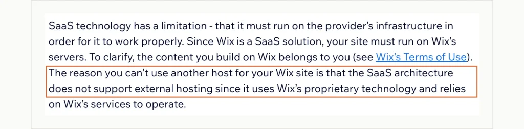 Screenshot of a Wix help article stating that you can't use another host for a Wix site because its architecture doesn't support external hosting.