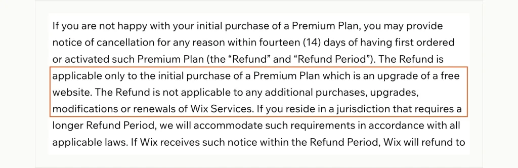 Screenshot of the Wix Terms of Use: the 14-day refund applies only to the first Premium Plan bought to upgrade a free website, not to renewals or upgrades.